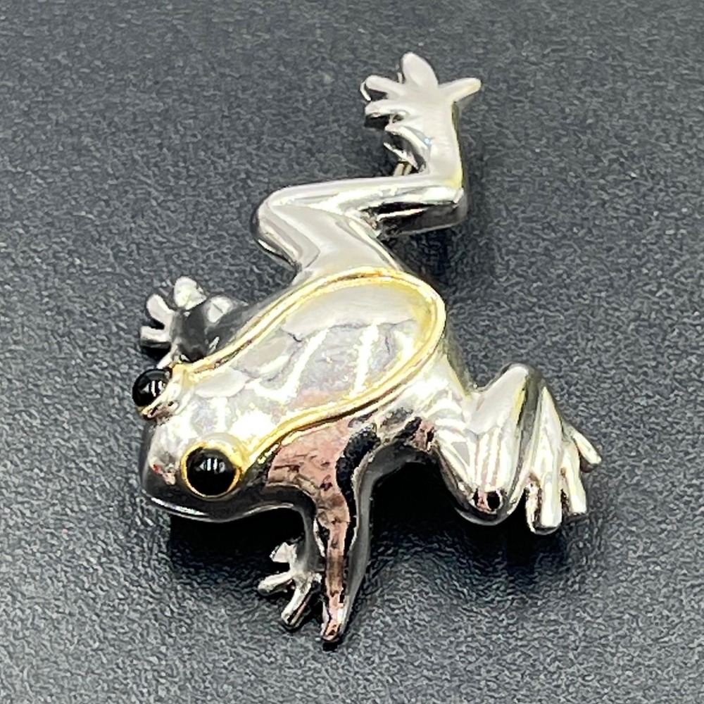 Small Vintage Frog Brooch Two Tone Gold Silver Black Bead Eyes‎